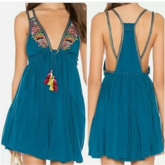 Free People Lovers Cove Embroidered Turquoise Mini Dress Large - Picture 16 of 16